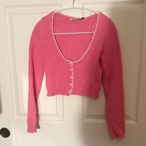 Zara Pink Cropped Cardigan with White Trim